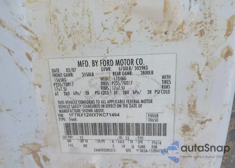 2007 Ford F-150 Stx/Xl/Xlt из США, поврежденный, VIN 1FTRX12WX7KC71494